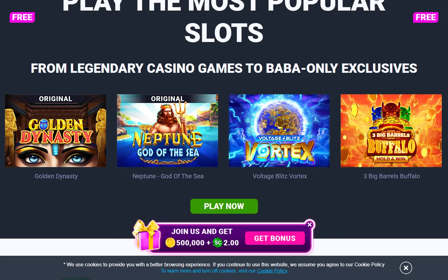 Baba Casino game selection grid showing available slots and casino games