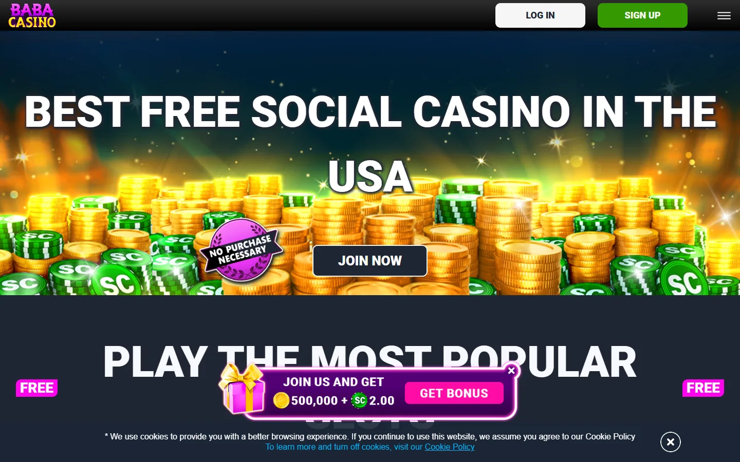 Baba Casino homepage showing the main lobby with featured games and navigation