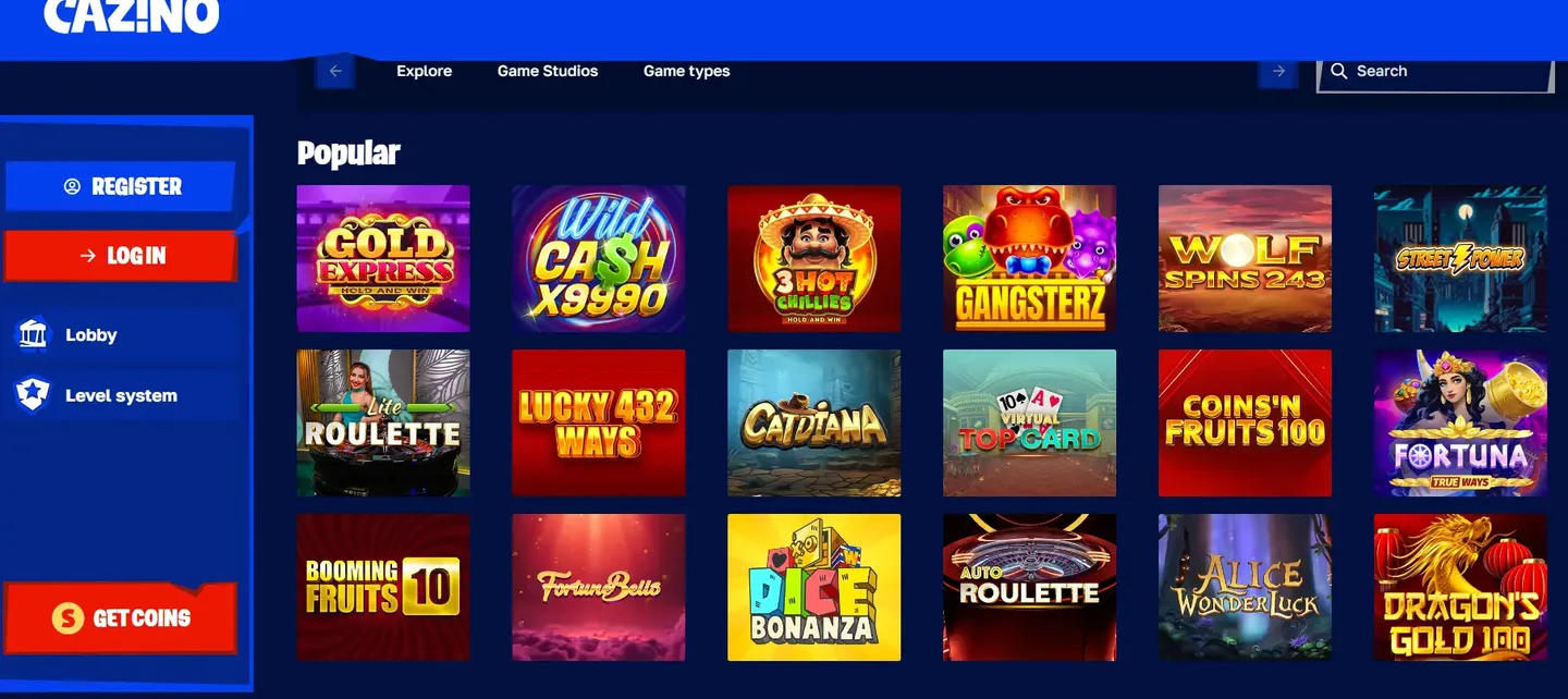 Cazino game selection grid showing available slots and casino games