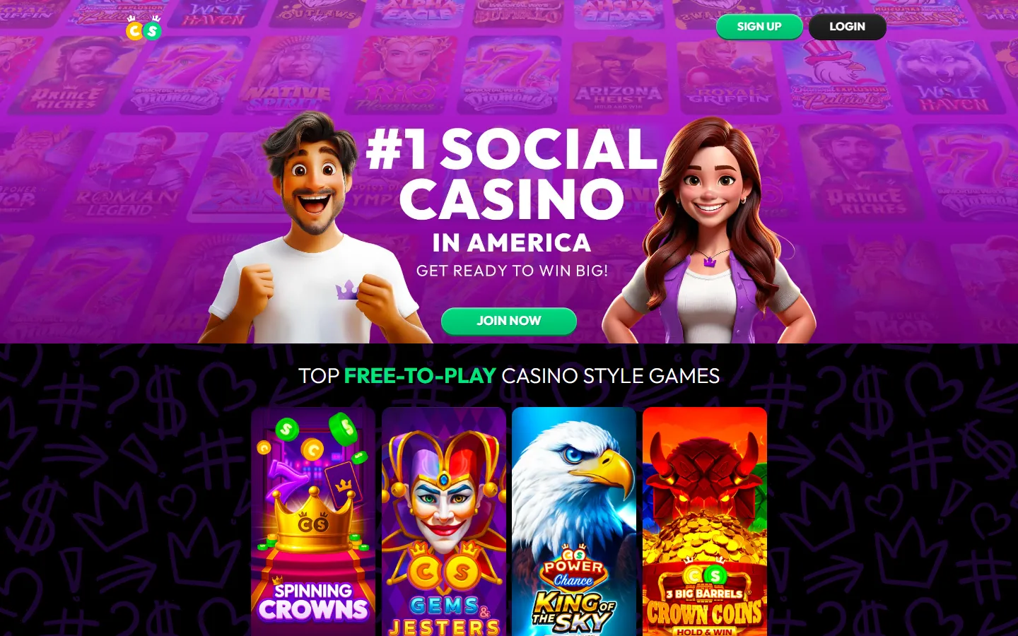 CrownCoins Casino homepage showing the main lobby with featured games and promotional banners