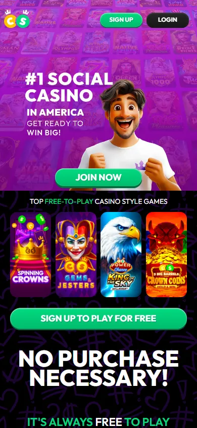 CrownCoins Casino mobile view showing the responsive design on a smartphone