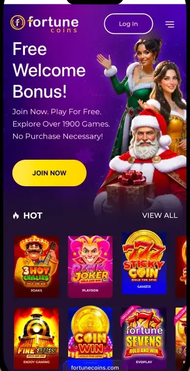 Fortune Coins mobile view showing the responsive design on a smartphone