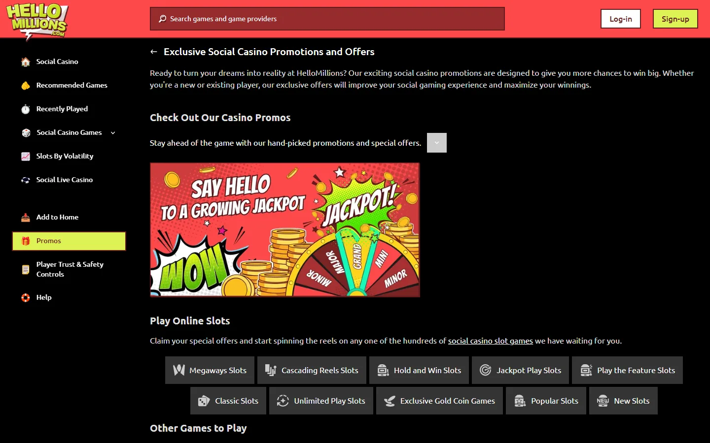 Hello Millions promotions page displaying welcome bonus and ongoing offers