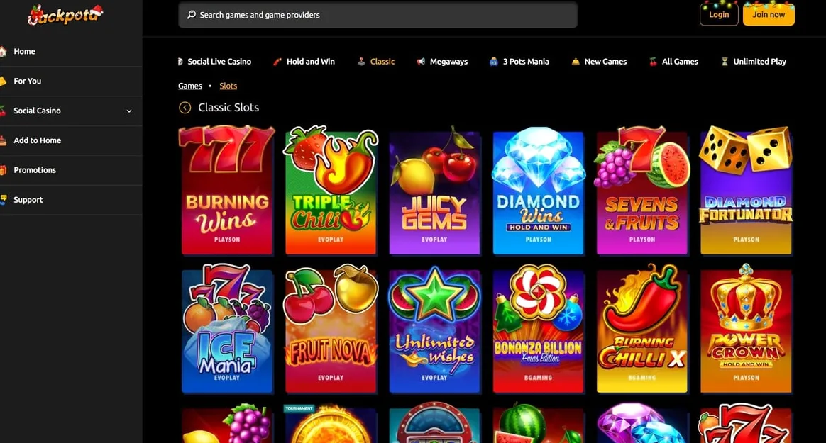 Jackpota game selection grid showing available slots and casino games