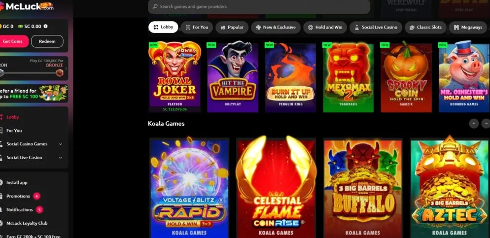 McLuck homepage showing the main lobby with featured games and navigation