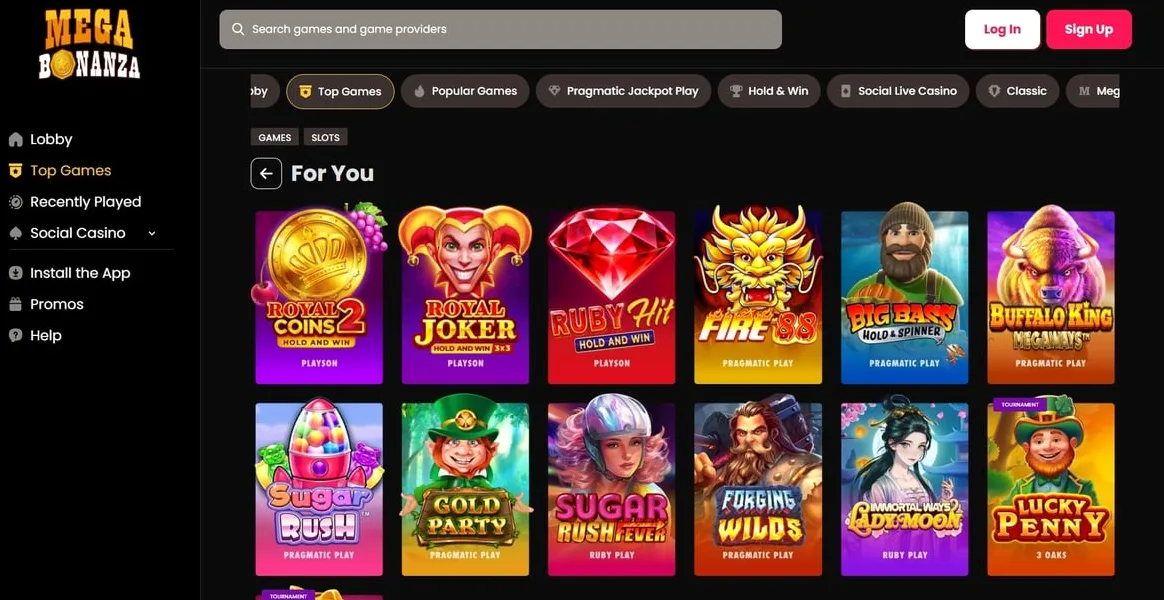 MegaBonanza game selection grid showing available slots and casino games