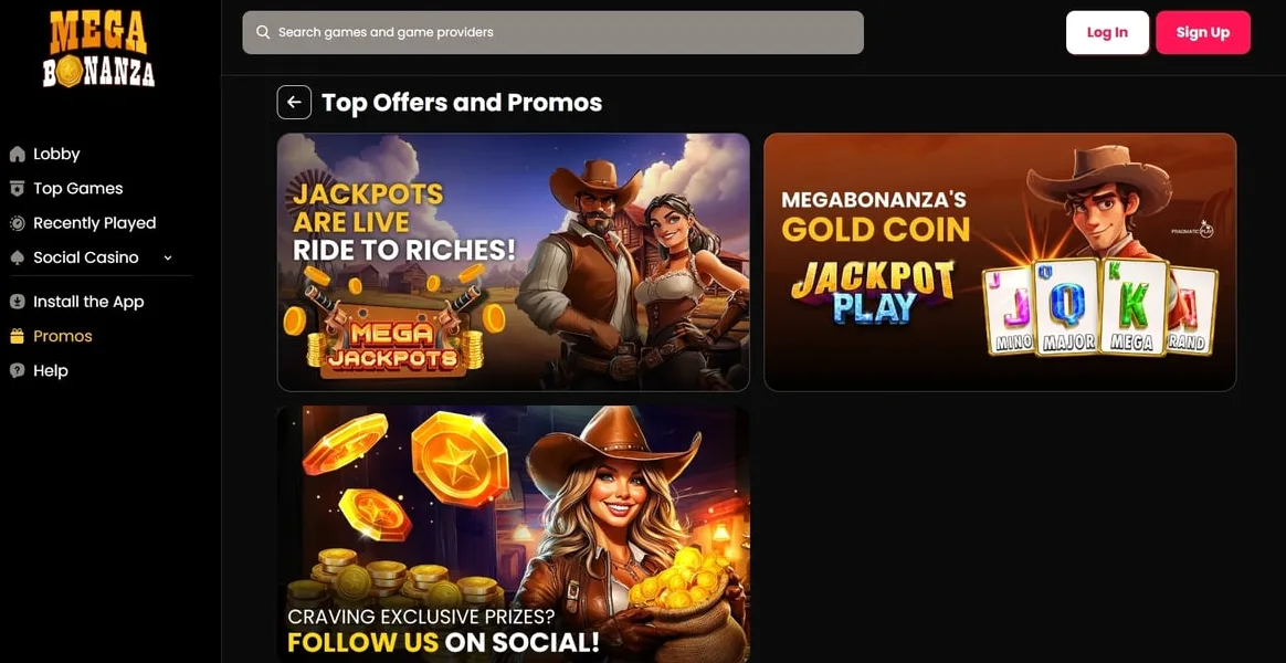 MegaBonanza promotions page displaying welcome bonus and ongoing offers