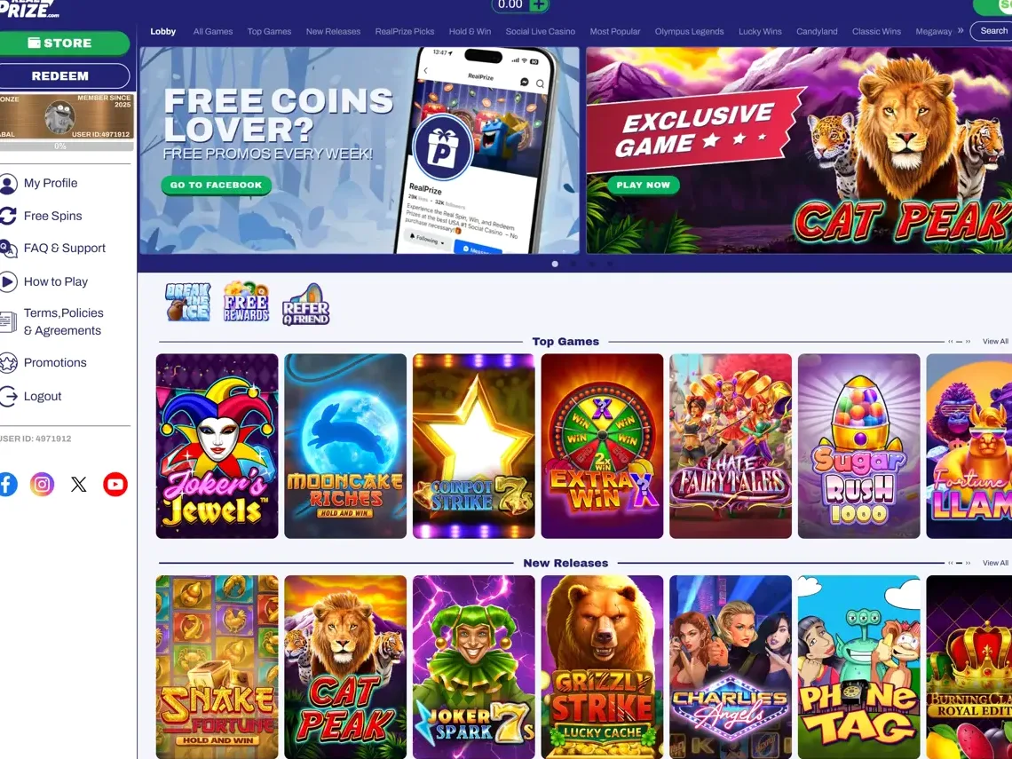 Real Prize homepage showing the main lobby with featured games and navigation