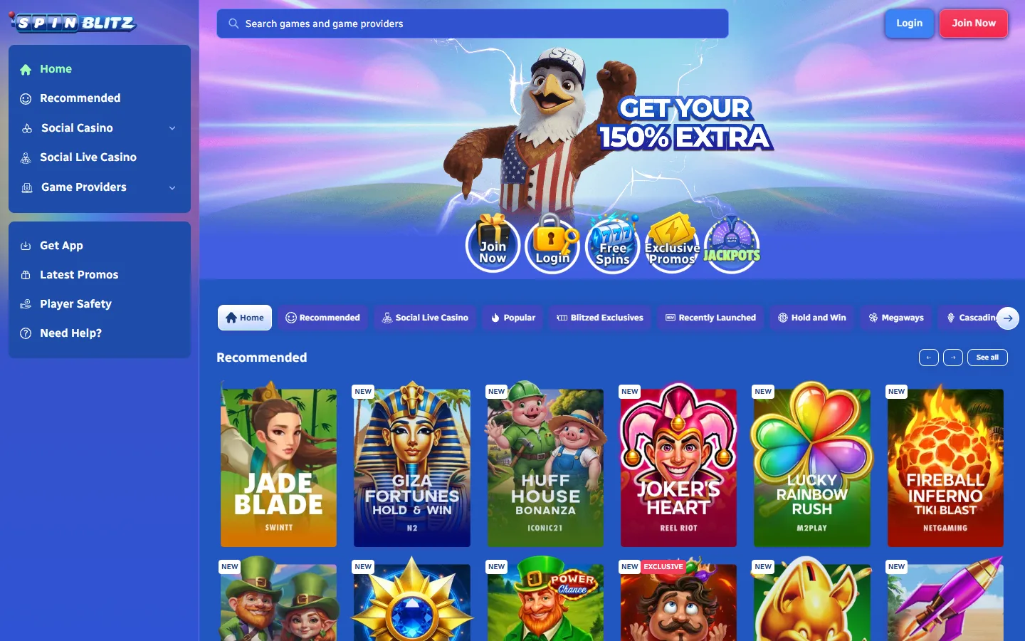 SpinBlitz homepage showing the main lobby with featured games and navigation