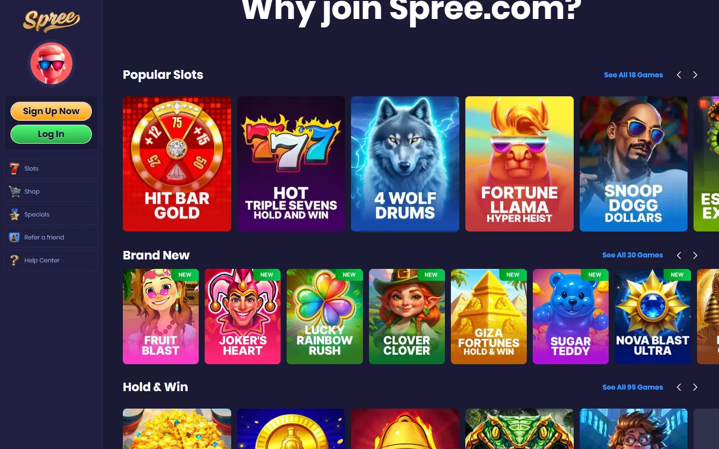 Spree game selection grid showing available slots and casino games
