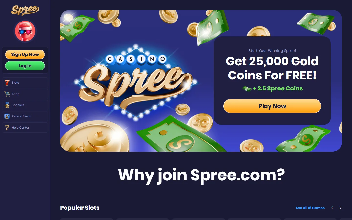 Spree homepage showing the main lobby with featured games and navigation