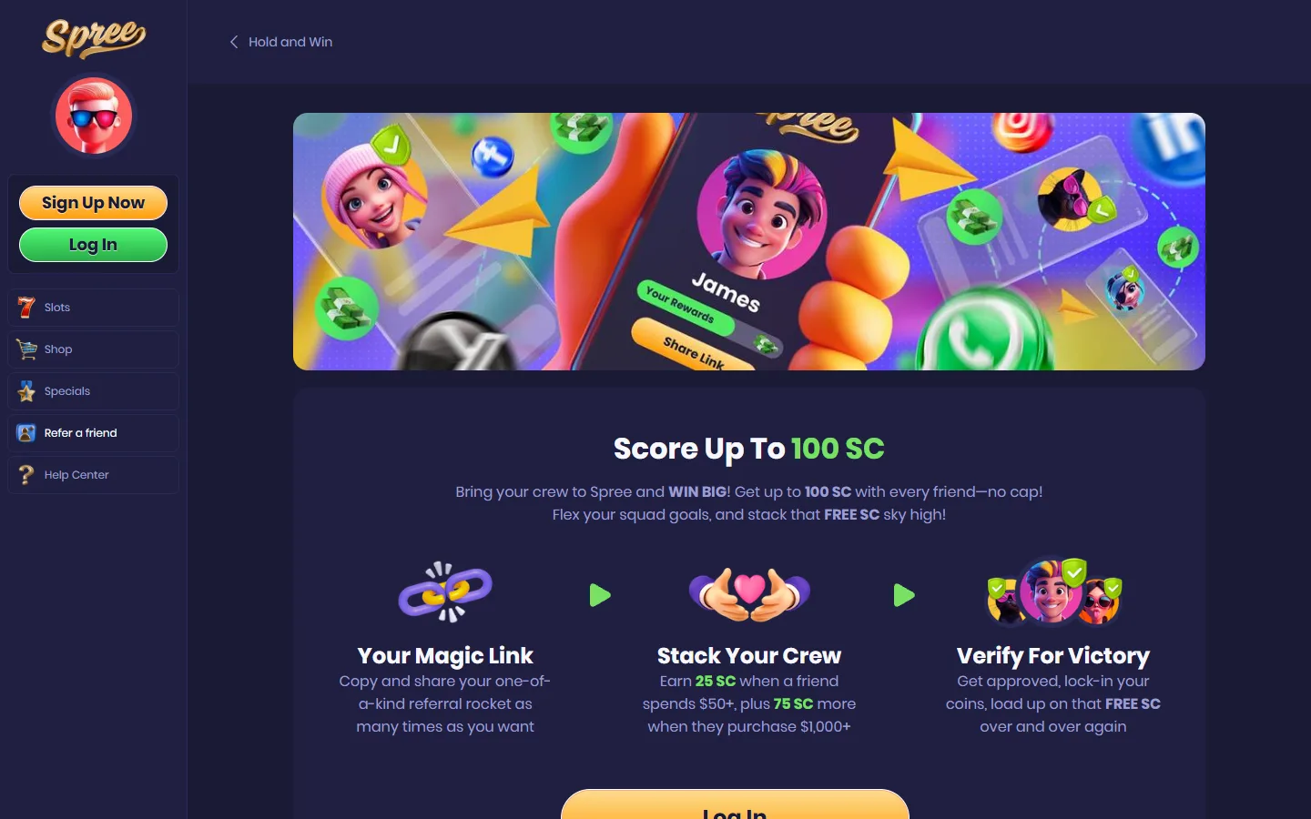 Spree promotions page displaying welcome bonus and ongoing offers