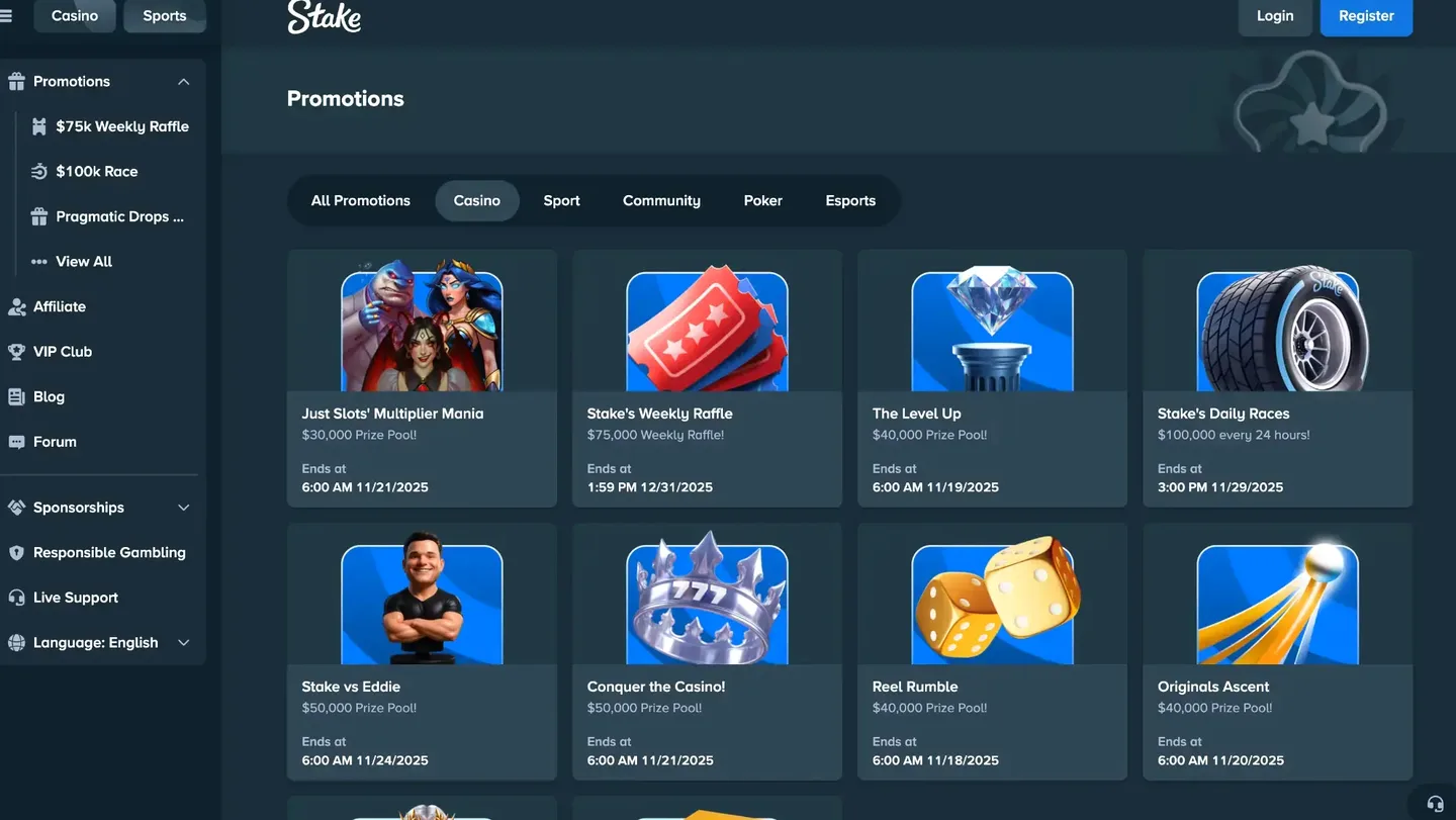 Stake.us promotions page showing active challenges and bonus offers