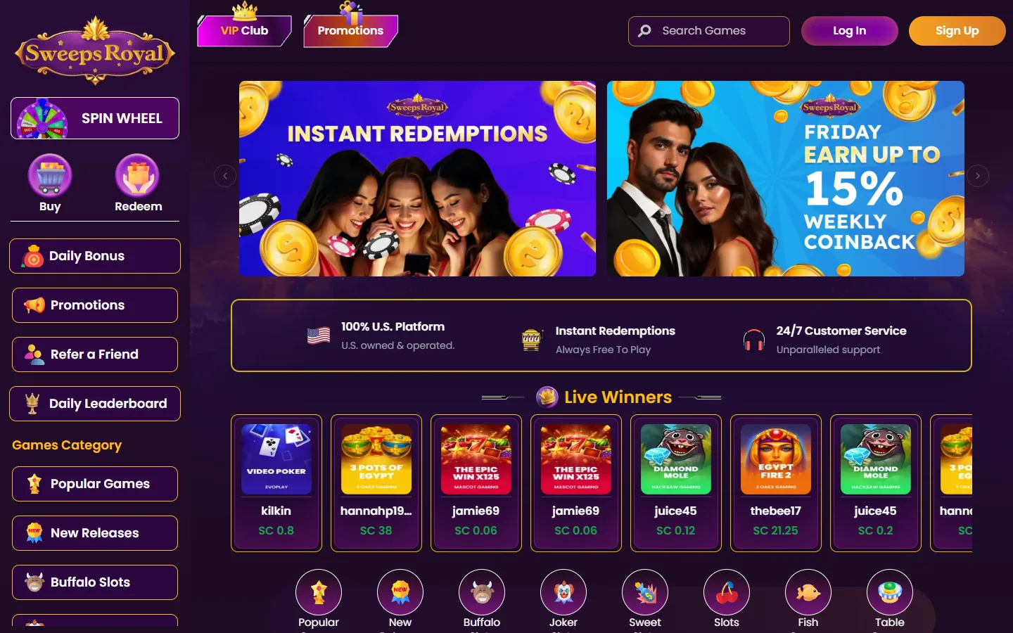 Sweeps Royal homepage showing the main lobby with featured games and navigation