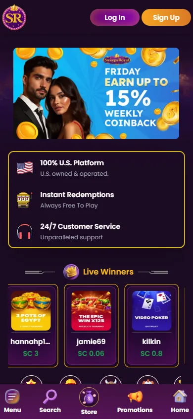 Sweeps Royal mobile view showing the responsive design on a smartphone