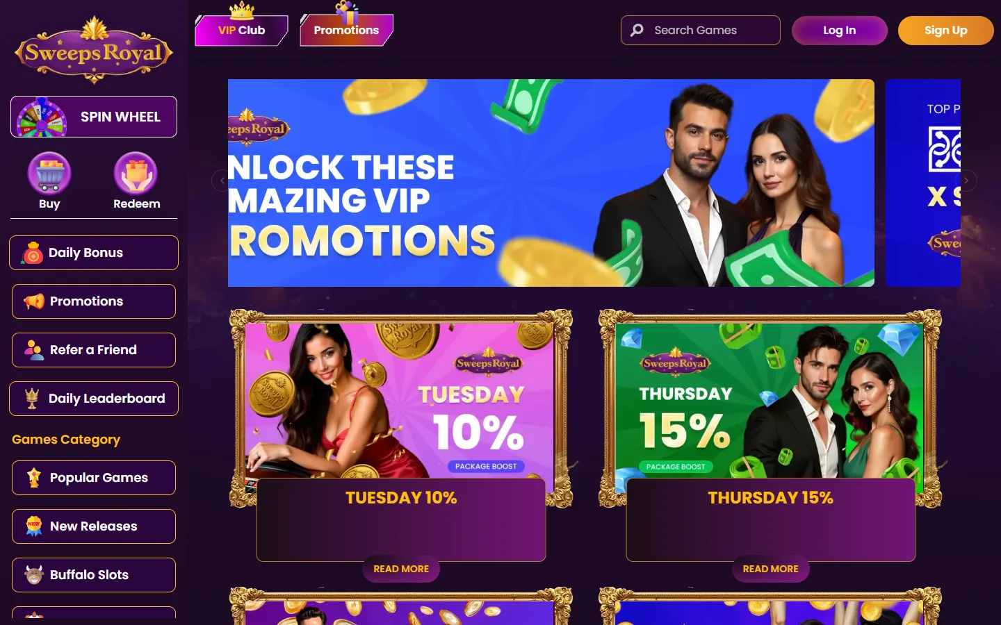 Sweeps Royal promotions page displaying welcome bonus and ongoing offers